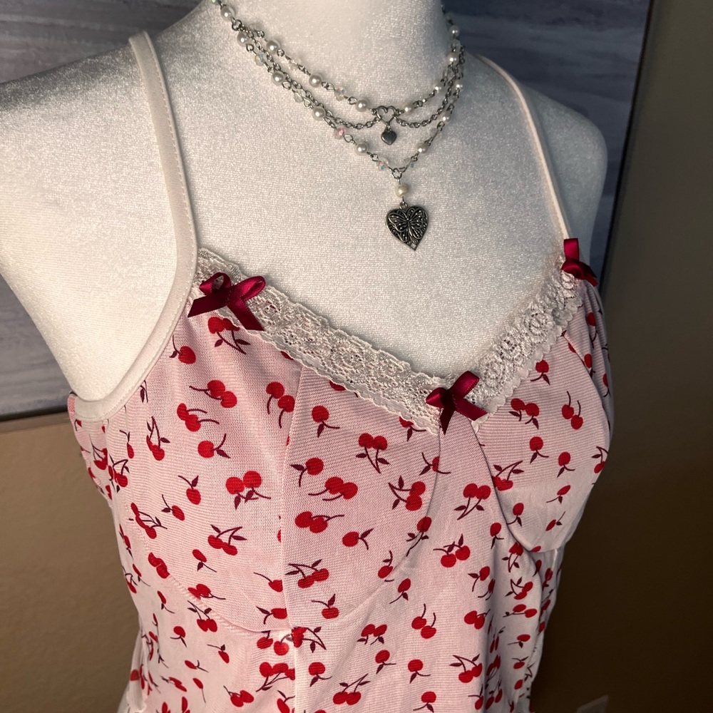 Cherry Print Pink Camisole with Lace Trim